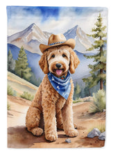Load image into Gallery viewer, Goldendoodle Cowboy Welcome Garden Flag – Western Dog Yard Decor with Mountain Landscape