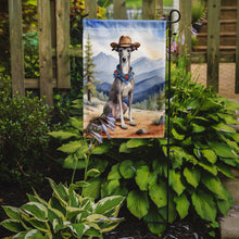 Load image into Gallery viewer, Greyhound Cowboy Welcome Garden Flag – Western Dog Yard Decor with Mountain Landscape