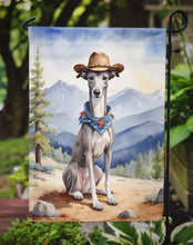 Load image into Gallery viewer, Greyhound Cowboy Welcome Garden Flag – Western Dog Yard Decor with Mountain Landscape