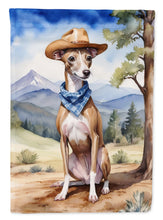 Load image into Gallery viewer, Italian Greyhound Cowboy Welcome Garden Flag – Western Dog Yard Decor with Mountain Landscape