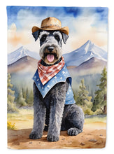 Load image into Gallery viewer, Kerry Blue Terrier Cowboy Welcome Garden Flag – Western Dog Yard Decor with Mountain Landscape