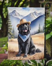 Load image into Gallery viewer, Newfoundland Cowboy Welcome Garden Flag – Western Dog Yard Decor with Mountain Landscape