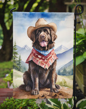 Load image into Gallery viewer, Newfoundland Cowboy Welcome Garden Flag – Western Dog Yard Decor with Mountain Landscape