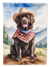 Load image into Gallery viewer, Newfoundland Cowboy Welcome Garden Flag – Western Dog Yard Decor with Mountain Landscape