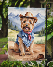 Load image into Gallery viewer, Norfolk Terrier Cowboy Welcome Garden Flag – Western Dog Yard Decor with Mountain Landscape