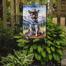 Load image into Gallery viewer, Norwegian Elkhound Cowboy Welcome Garden Flag – Western Dog Yard Decor with Mountain Landscape