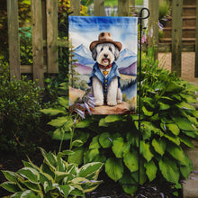 Load image into Gallery viewer, Old English Sheepdog Cowboy Welcome Garden Flag – Western Dog Yard Decor with Mountain Landscape