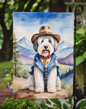 Load image into Gallery viewer, Old English Sheepdog Cowboy Welcome Garden Flag – Western Dog Yard Decor with Mountain Landscape