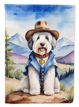 Load image into Gallery viewer, Old English Sheepdog Cowboy Welcome Garden Flag – Western Dog Yard Decor with Mountain Landscape