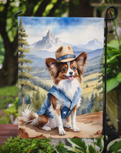 Load image into Gallery viewer, Papillon Cowboy Welcome Garden Flag – Western Dog Yard Decor with Mountain Landscape