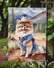 Load image into Gallery viewer, Pomeranian Cowboy Welcome Garden Flag – Western Dog Yard Decor with Mountain Landscape