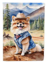 Load image into Gallery viewer, Pomeranian Cowboy Welcome Garden Flag – Western Dog Yard Decor with Mountain Landscape