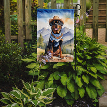 Load image into Gallery viewer, Rottweiler Cowboy Welcome Garden Flag – Western Dog Yard Decor with Mountain Landscape