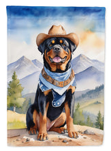 Load image into Gallery viewer, Rottweiler Cowboy Welcome Garden Flag – Western Dog Yard Decor with Mountain Landscape