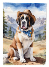 Load image into Gallery viewer, Saint Bernard Cowboy Welcome Garden Flag – Western Dog Yard Decor with Mountain Landscape