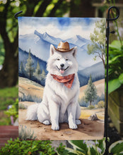 Load image into Gallery viewer, Samoyed Cowboy Welcome Garden Flag – Western Dog Yard Decor with Mountain Landscape
