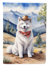 Load image into Gallery viewer, Samoyed Cowboy Welcome Garden Flag – Western Dog Yard Decor with Mountain Landscape