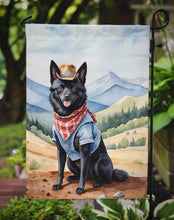 Load image into Gallery viewer, Schipperke Cowboy Welcome Garden Flag – Western Dog Yard Decor with Mountain Landscape