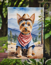 Load image into Gallery viewer, Silky Terrier Cowboy Welcome Garden Flag – Western Dog Yard Decor with Mountain Landscape