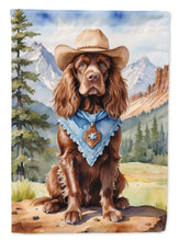 Load image into Gallery viewer, Sussex Spaniel Cowboy Welcome Garden Flag – Western Dog Yard Decor with Mountain Landscape