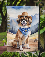 Load image into Gallery viewer, Tibetan Spaniel Cowboy Welcome Garden Flag – Western Dog Yard Decor with Mountain Landscape