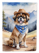 Load image into Gallery viewer, Tibetan Spaniel Cowboy Welcome Garden Flag – Western Dog Yard Decor with Mountain Landscape