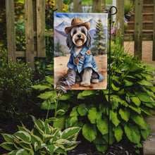 Load image into Gallery viewer, Tibetan Terrier Cowboy Welcome Garden Flag – Western Dog Yard Decor with Mountain Landscape