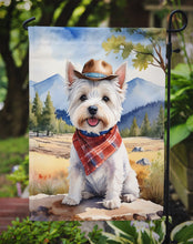 Load image into Gallery viewer, Westie Cowboy Welcome Garden Flag – Western Dog Yard Decor with Mountain Landscape