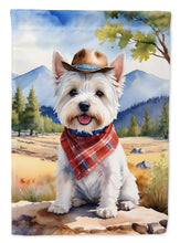 Load image into Gallery viewer, Westie Cowboy Welcome Garden Flag – Western Dog Yard Decor with Mountain Landscape