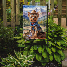 Load image into Gallery viewer, Yorkshire Terrier Yorkie Cowboy Welcome Garden Flag – Western Dog Yard Decor with Mountain Landscape