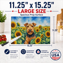 Load image into Gallery viewer, Airedale Terrier in Sunflowers Cutting Board Tempered Glass Kitchen Cutting Surface, Heat Resistant Chopping Board with Non-Slip Feet, Decorative Food Prep &amp; Serving