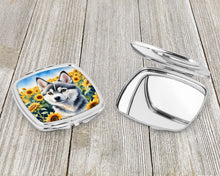 Load image into Gallery viewer, Alaskan Klee Kai in Sunflowers Compact Mirror – Stylish Purse Mirror with Artistic Covers