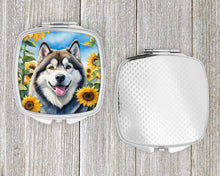 Load image into Gallery viewer, Alaskan Malamute in Sunflowers Compact Mirror – Stylish Purse Mirror with Artistic Covers