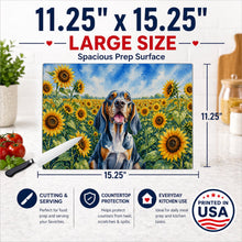 Load image into Gallery viewer, American English Coonhound in Sunflowers Cutting Board Tempered Glass Kitchen Cutting Surface, Heat Resistant Chopping Board with Non-Slip Feet, Decorative Food Prep &amp; Serving