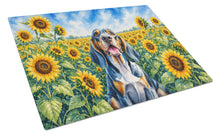 Load image into Gallery viewer, American English Coonhound in Sunflowers Cutting Board Tempered Glass Kitchen Cutting Surface, Heat Resistant Chopping Board with Non-Slip Feet, Decorative Food Prep &amp; Serving