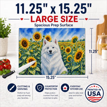 Load image into Gallery viewer, American Eskimo in Sunflowers Cutting Board Tempered Glass Kitchen Cutting Surface, Heat Resistant Chopping Board with Non-Slip Feet, Decorative Food Prep &amp; Serving