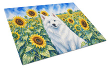Load image into Gallery viewer, American Eskimo in Sunflowers Cutting Board Tempered Glass Kitchen Cutting Surface, Heat Resistant Chopping Board with Non-Slip Feet, Decorative Food Prep &amp; Serving