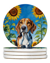 Load image into Gallery viewer, American Foxhound in Sunflowers Large Sandstone Coasters Pack of 4