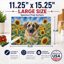 Load image into Gallery viewer, Anatolian Shepherd in Sunflowers Cutting Board Tempered Glass Kitchen Cutting Surface, Heat Resistant Chopping Board with Non-Slip Feet, Decorative Food Prep &amp; Serving