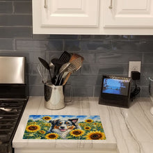 Load image into Gallery viewer, Australian Shepherd in Sunflowers Cutting Board Tempered Glass Kitchen Cutting Surface, Heat Resistant Chopping Board with Non-Slip Feet, Decorative Food Prep &amp; Serving