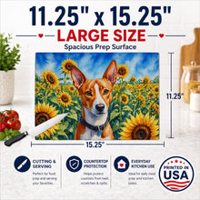 Load image into Gallery viewer, Basenji in Sunflowers Cutting Board Tempered Glass Kitchen Cutting Surface, Heat Resistant Chopping Board with Non-Slip Feet, Decorative Food Prep &amp; Serving