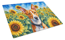 Load image into Gallery viewer, Basenji in Sunflowers Cutting Board Tempered Glass Kitchen Cutting Surface, Heat Resistant Chopping Board with Non-Slip Feet, Decorative Food Prep &amp; Serving