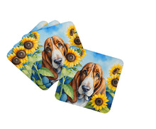 Load image into Gallery viewer, Basset Hound in Sunflowers Coasters - Set of 4 Lightweight Foam, Absorbent Drink Coasters