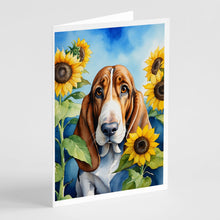 Load image into Gallery viewer, Basset Hound in Sunflowers Greeting Cards - Blank Note Cards – 8-Pack of Artist-Designed Cards with Envelopes