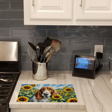 Load image into Gallery viewer, Basset Hound in Sunflowers Cutting Board Tempered Glass Kitchen Cutting Surface, Heat Resistant Chopping Board with Non-Slip Feet, Decorative Food Prep &amp; Serving