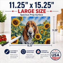 Load image into Gallery viewer, Basset Hound in Sunflowers Cutting Board Tempered Glass Kitchen Cutting Surface, Heat Resistant Chopping Board with Non-Slip Feet, Decorative Food Prep &amp; Serving