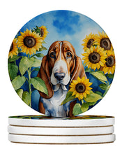 Load image into Gallery viewer, Basset Hound in Sunflowers Large Sandstone Coasters Pack of 4