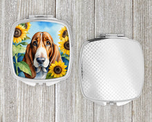 Load image into Gallery viewer, Basset Hound in Sunflowers Compact Mirror – Stylish Purse Mirror with Artistic Covers