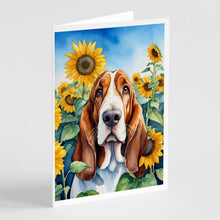 Load image into Gallery viewer, Basset Hound in Sunflowers Greeting Cards - Blank Note Cards – 8-Pack of Artist-Designed Cards with Envelopes