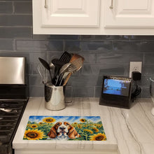 Load image into Gallery viewer, Basset Hound in Sunflowers Cutting Board Tempered Glass Kitchen Cutting Surface, Heat Resistant Chopping Board with Non-Slip Feet, Decorative Food Prep &amp; Serving